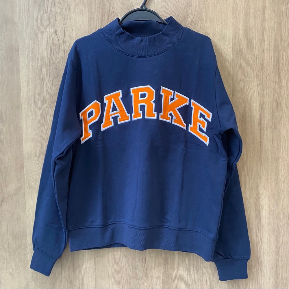 Parke Navy Crew Sweatshirt with Orange Lettering